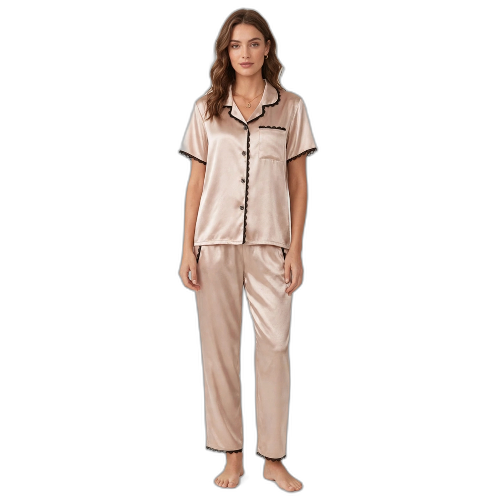 Champagne Lace Trim Short Sleeve Pajama Set