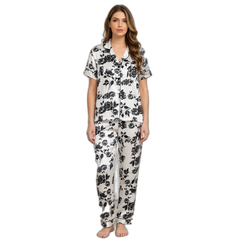 Black Rose Print Short Sleeve Pajama Set