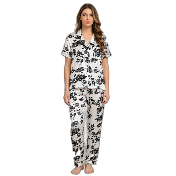 Black Rose Print Short Sleeve Pyjama Set