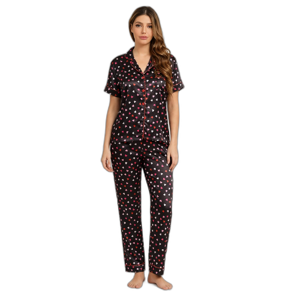 Women's Heart Print Lapel Silk Pajama Set