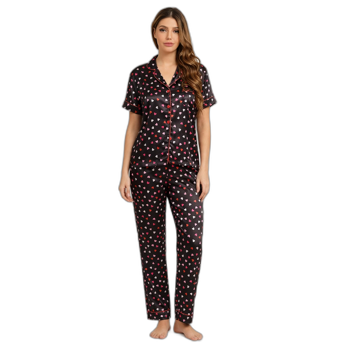 Women's Heart Print Lapel Silk Pajama Set