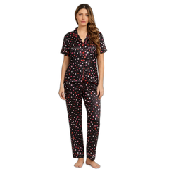 Women's Heart Print Lapel Silk Pajama Set