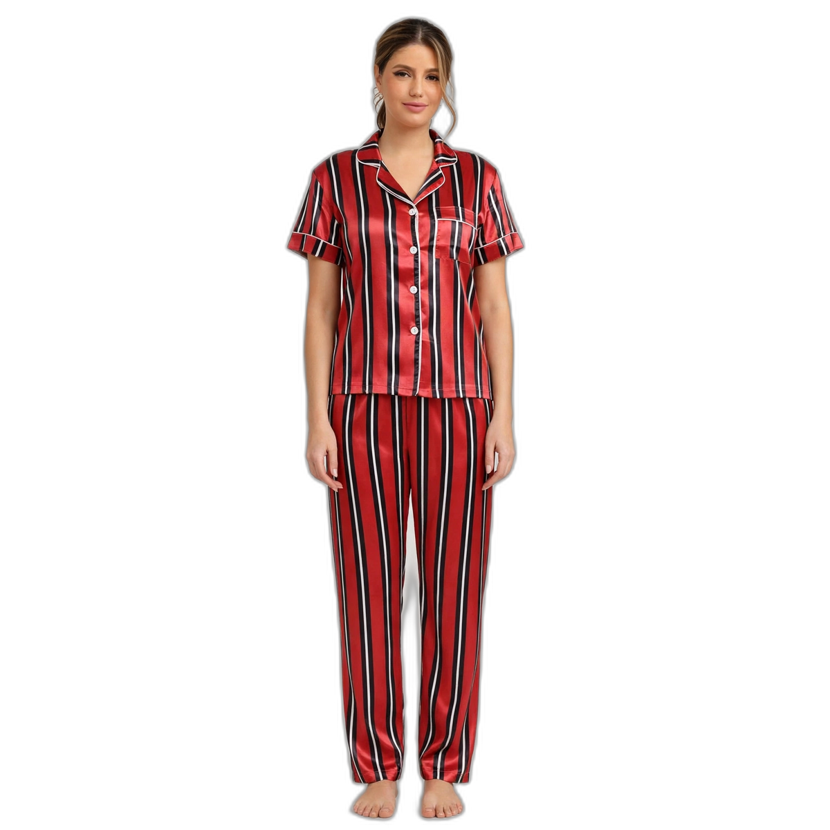 Red Stripe Ice Silk Pyjama Set