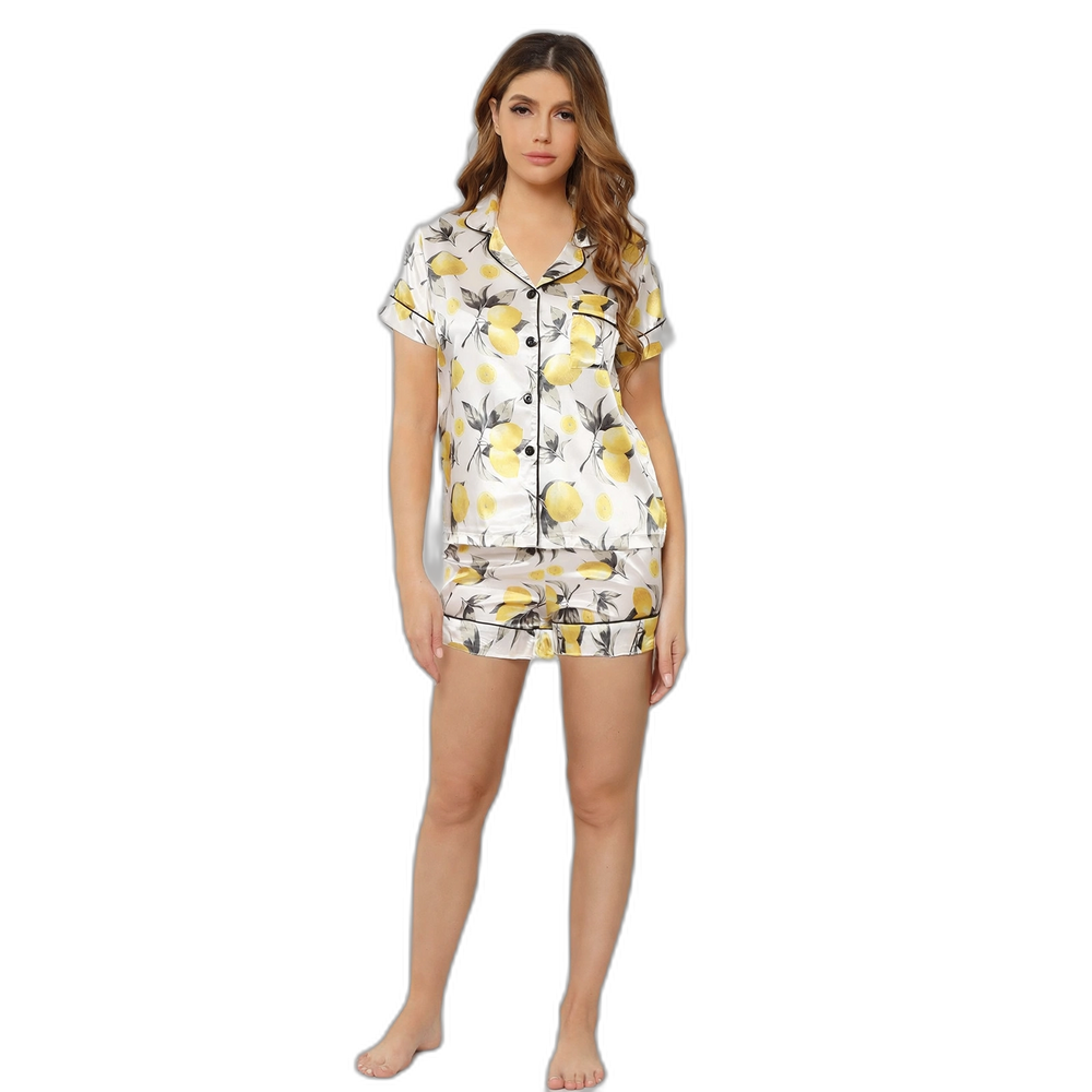 Silk Lemon Print Short Sleeve Pajama Set