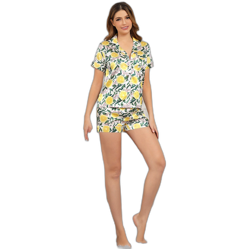 Women's Lemon Print Short-Sleeve Silk Pajama Set