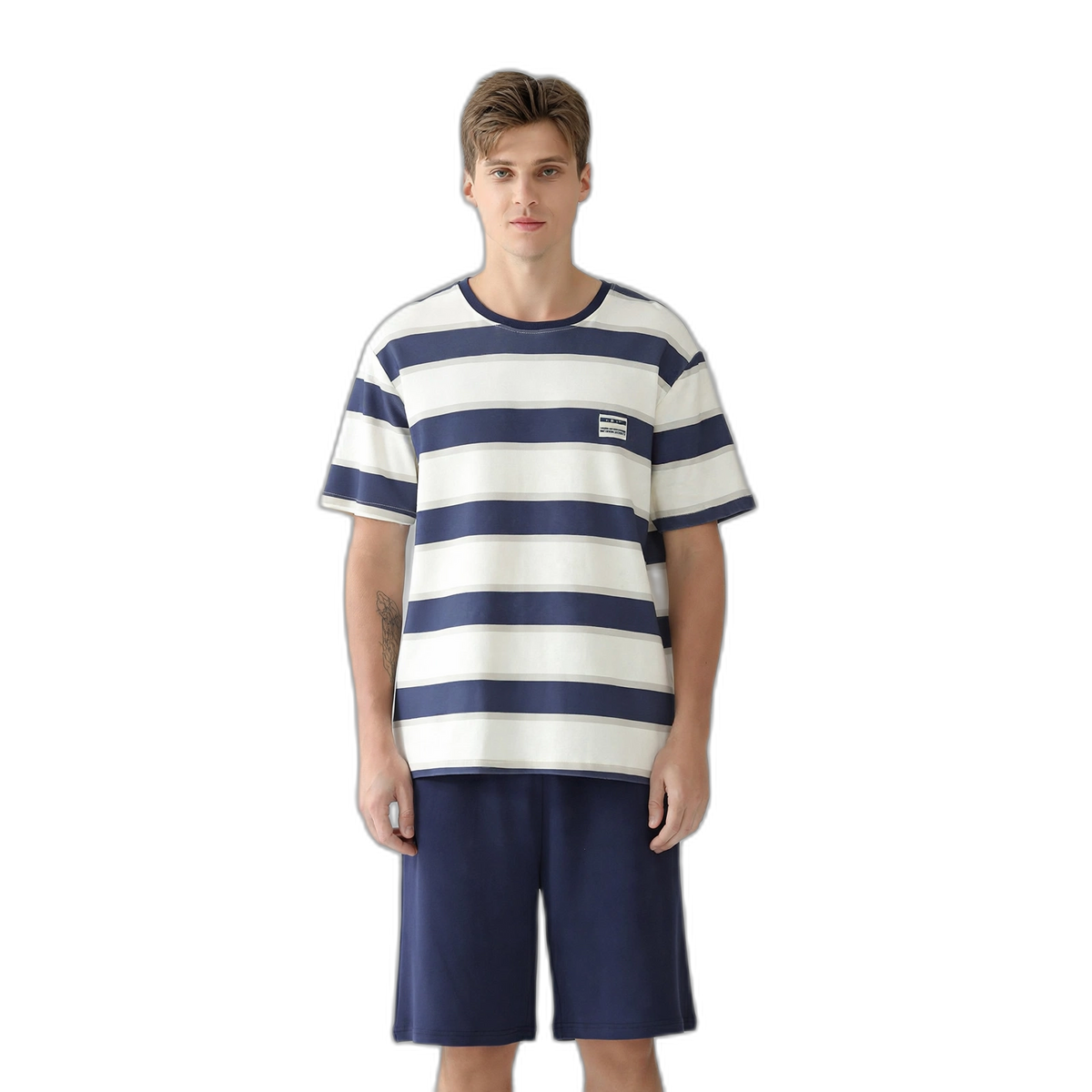 Men's Blue Stripe Cotton Pajama Shorts Set