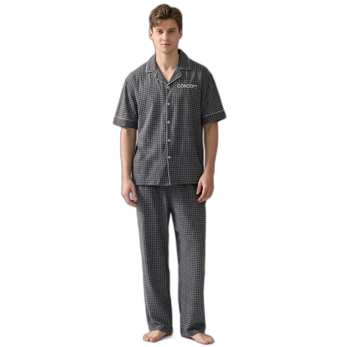 Men's Gray Plaid Short-Sleeve Pyjama Set