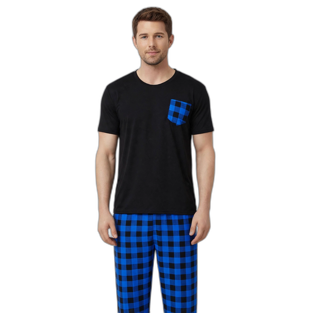 Men's Blue Check Short Sleeve Pajama Set
