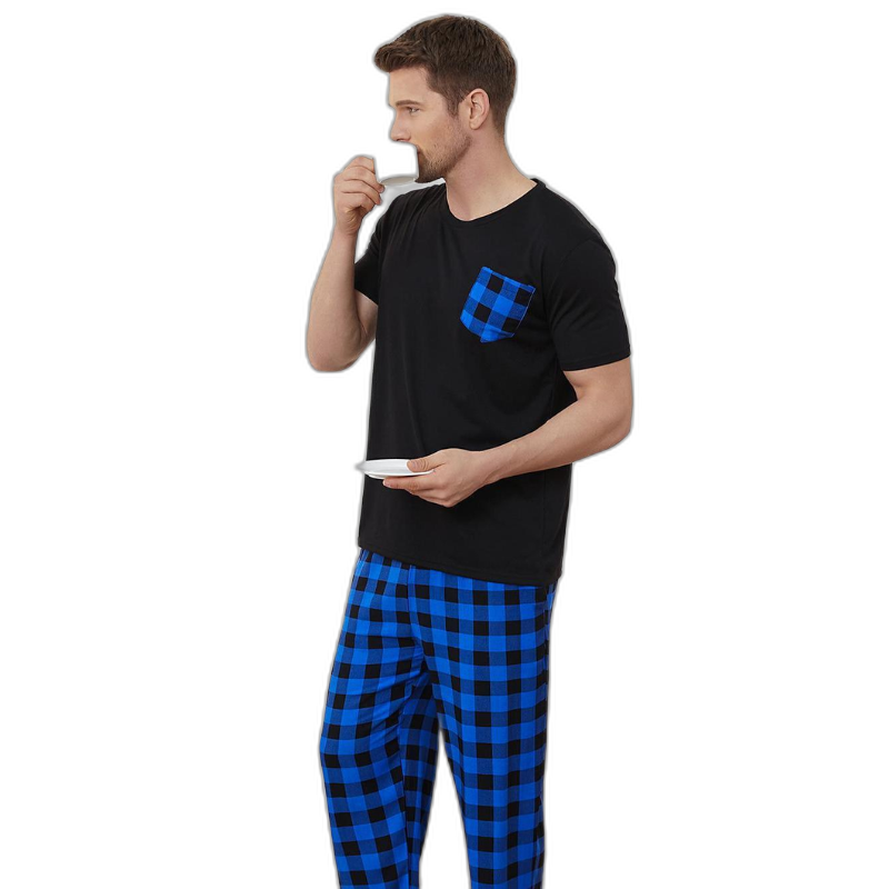 Men's Blue Check Short Sleeve Pajama Set