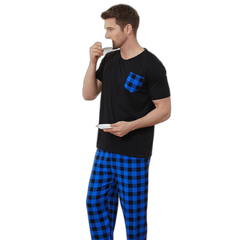 Men's Blue Check Short Sleeve Pajama Set