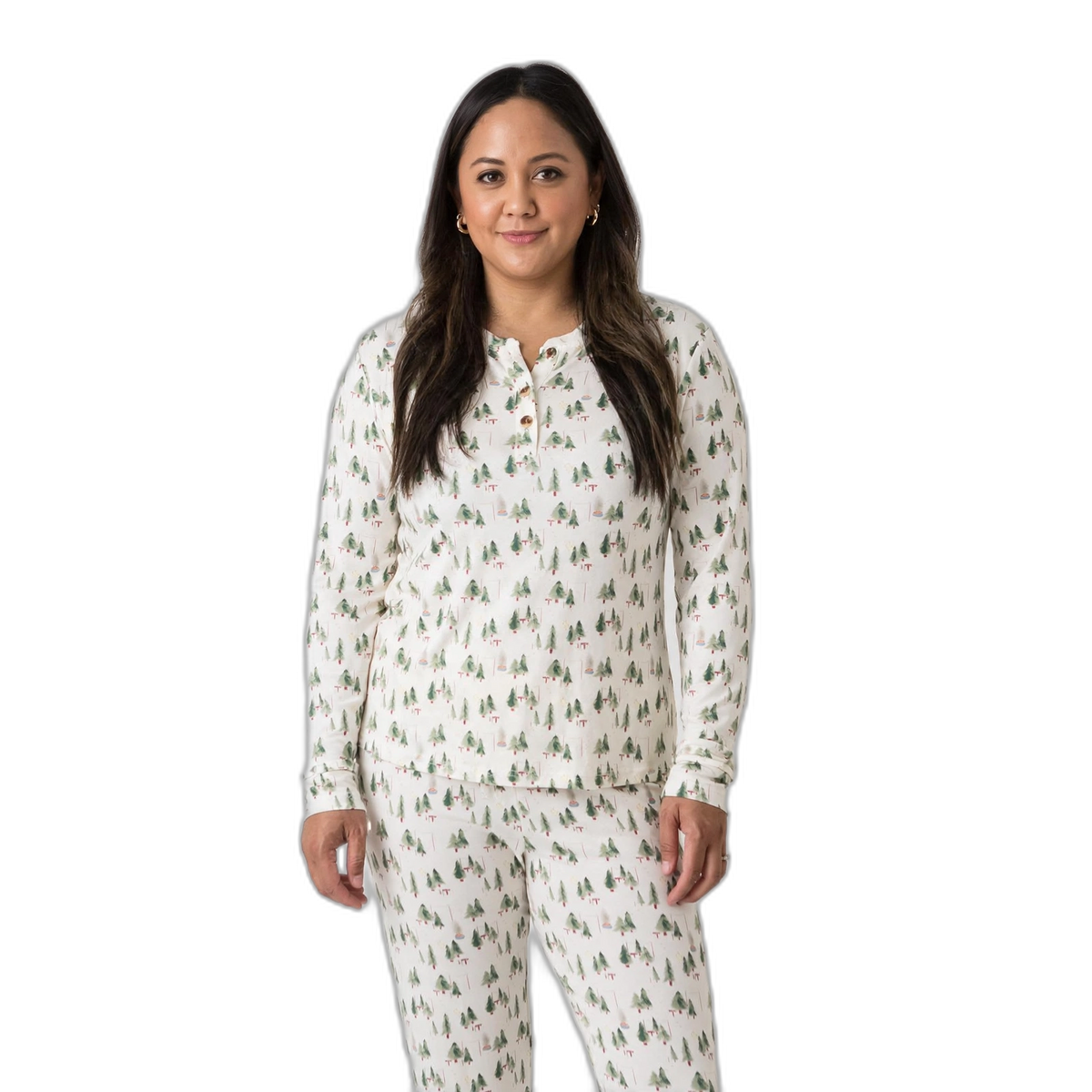 White Christmas Tree V-Neck Button Family Pajamas