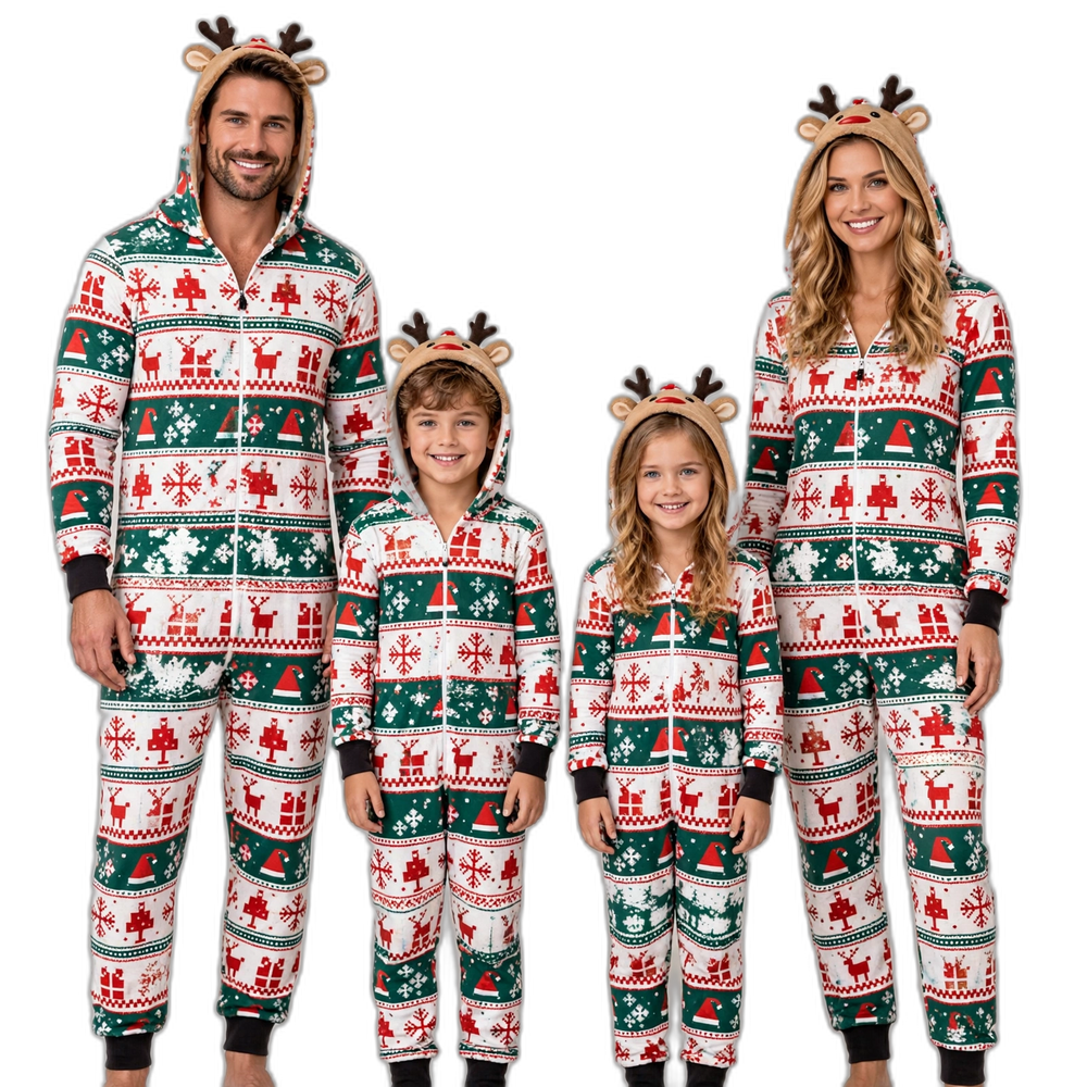 Family White & Green Hooded Jumpsuit Christmas Pajamas