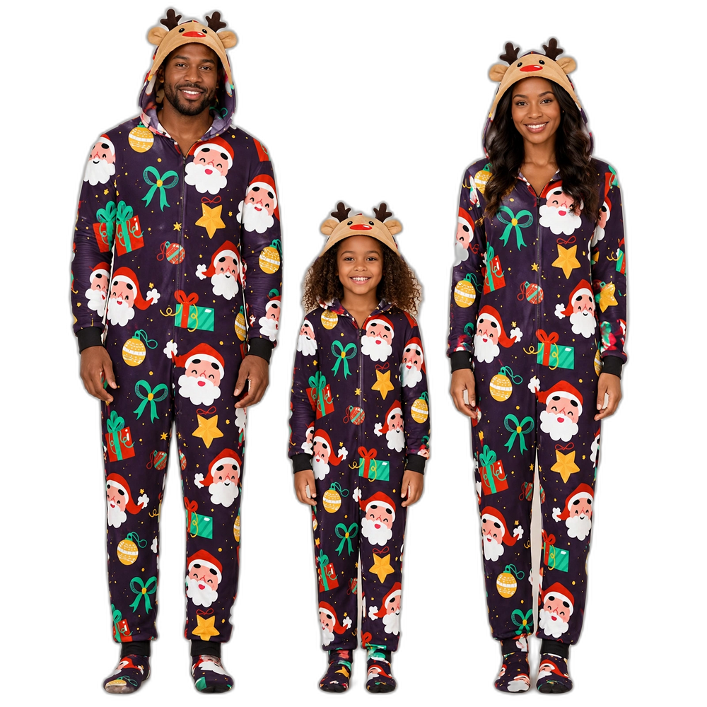 Santa and Gifts Jumpsuit with hoodie Matching family Christmas Pajama Set