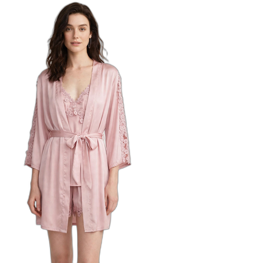 4-Piece Pink Silk Nightgown, Cover-Up & Shorts Set