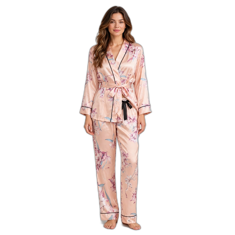 Women's Long-Sleeve Silk Nightgown & Trouser Set