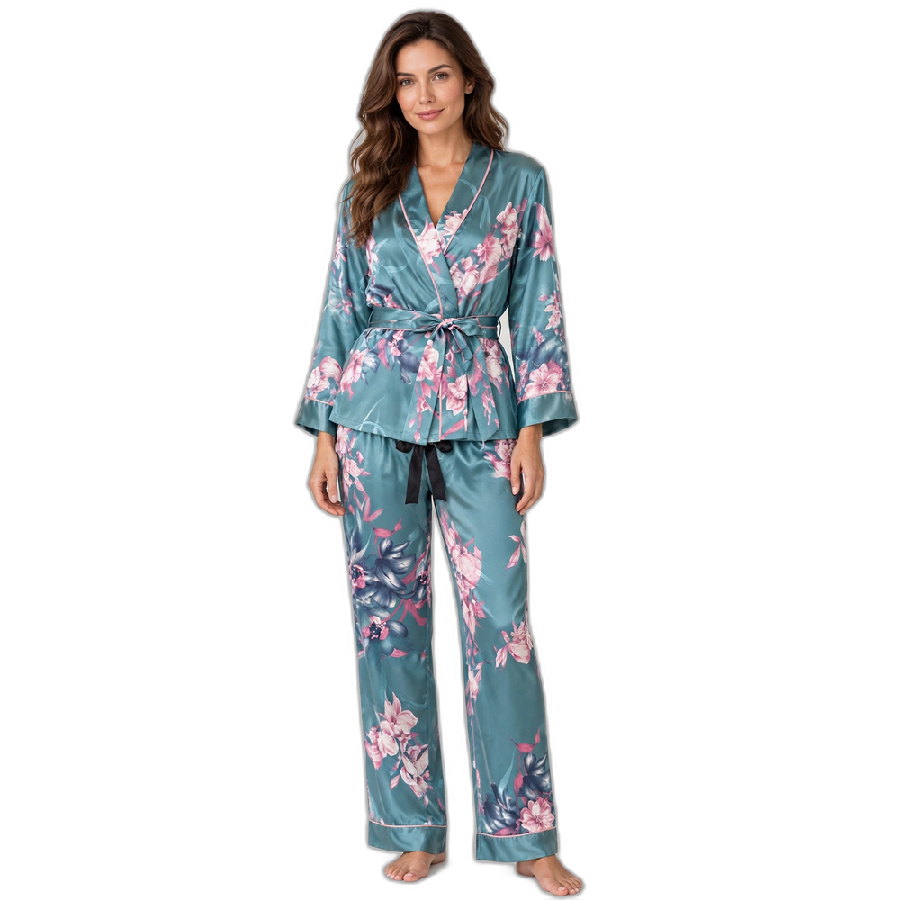 Silk Flower Print Nightgown & Trouser Set