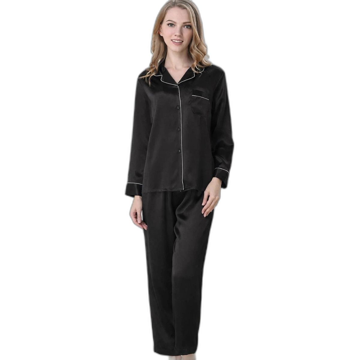 Women's Black Silk Pajama Set