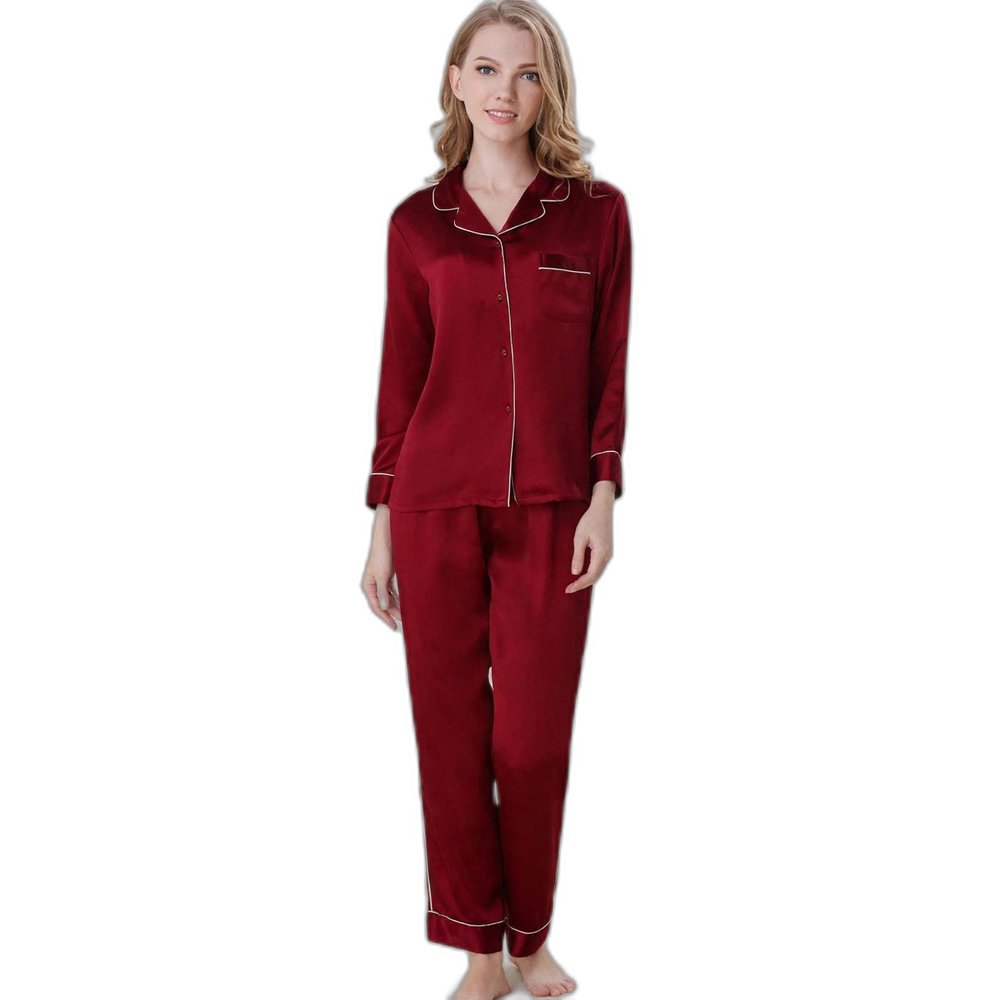 Women's Wine Red Silk Pajama Set