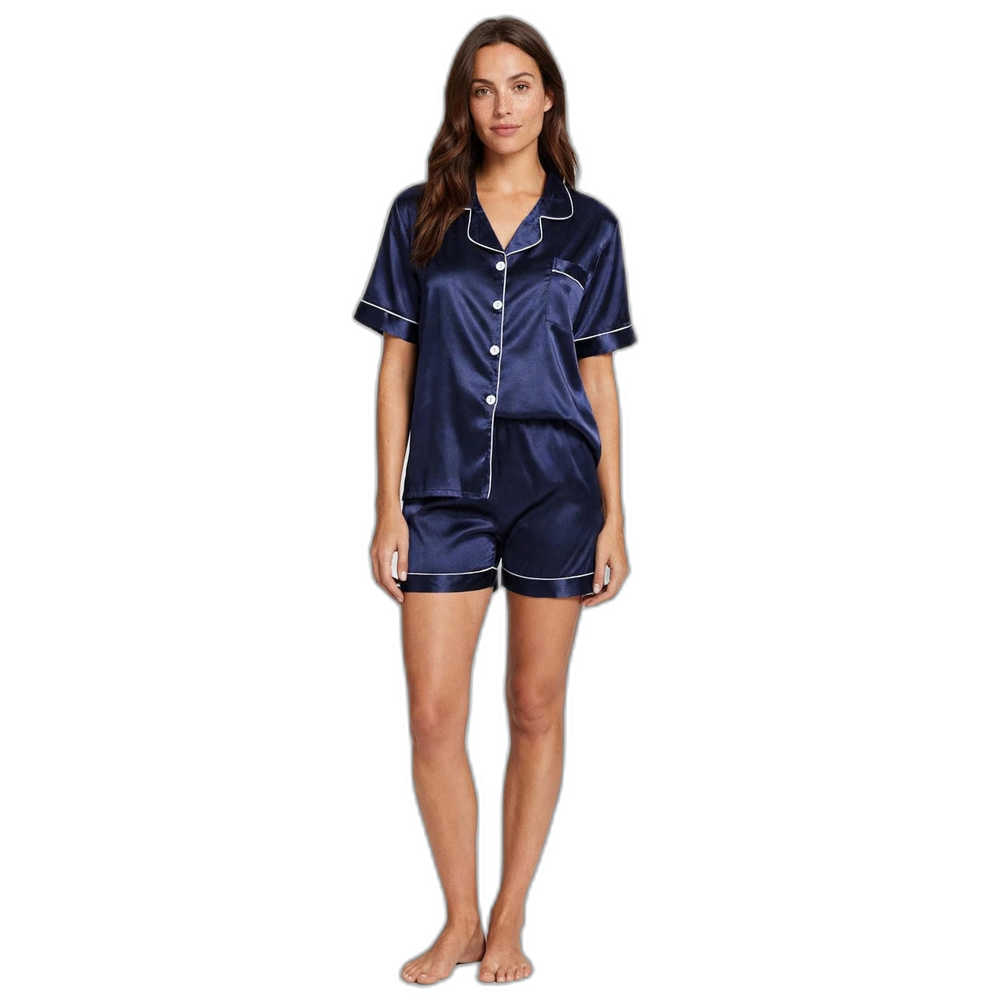 Women’s Navy Blue Silk Shorts Pajama Set