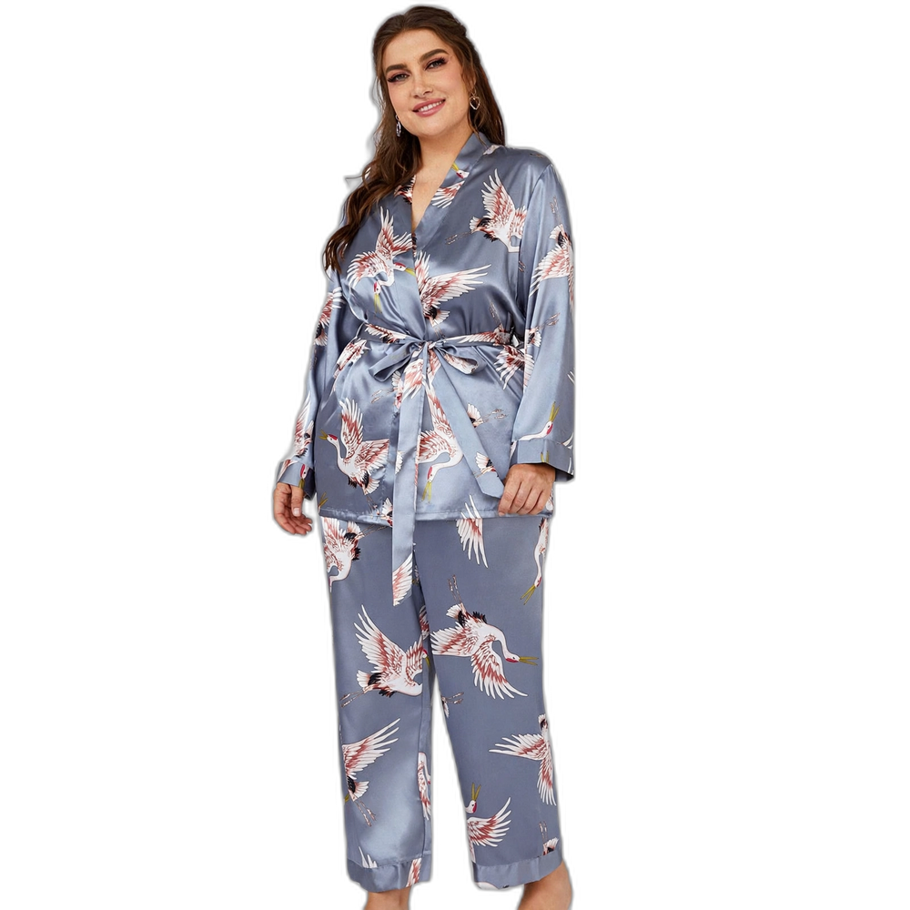 Women's Fog Grey Flamingo 3-Piece Silk Pajama Set