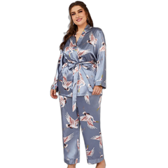 Women's Fog Grey Flamingo 3-Piece Silk Pajama Set