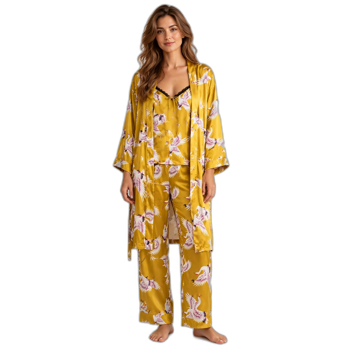 Women's Yellow Flamingo 3-Piece Silk Pajama Set