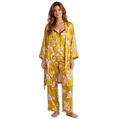 Women's Yellow Flamingo 3-Piece Silk Pajama Set