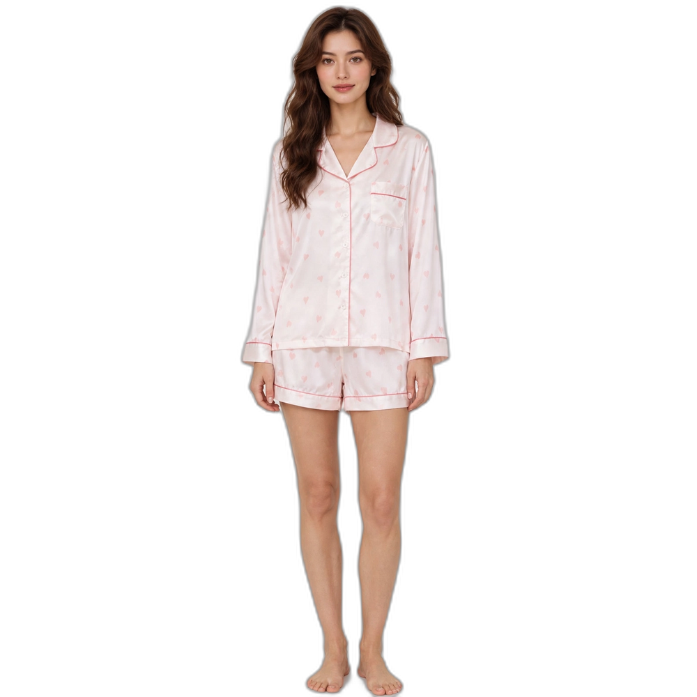 Women's Heart Print Long-Sleeve Silk Pajama Set