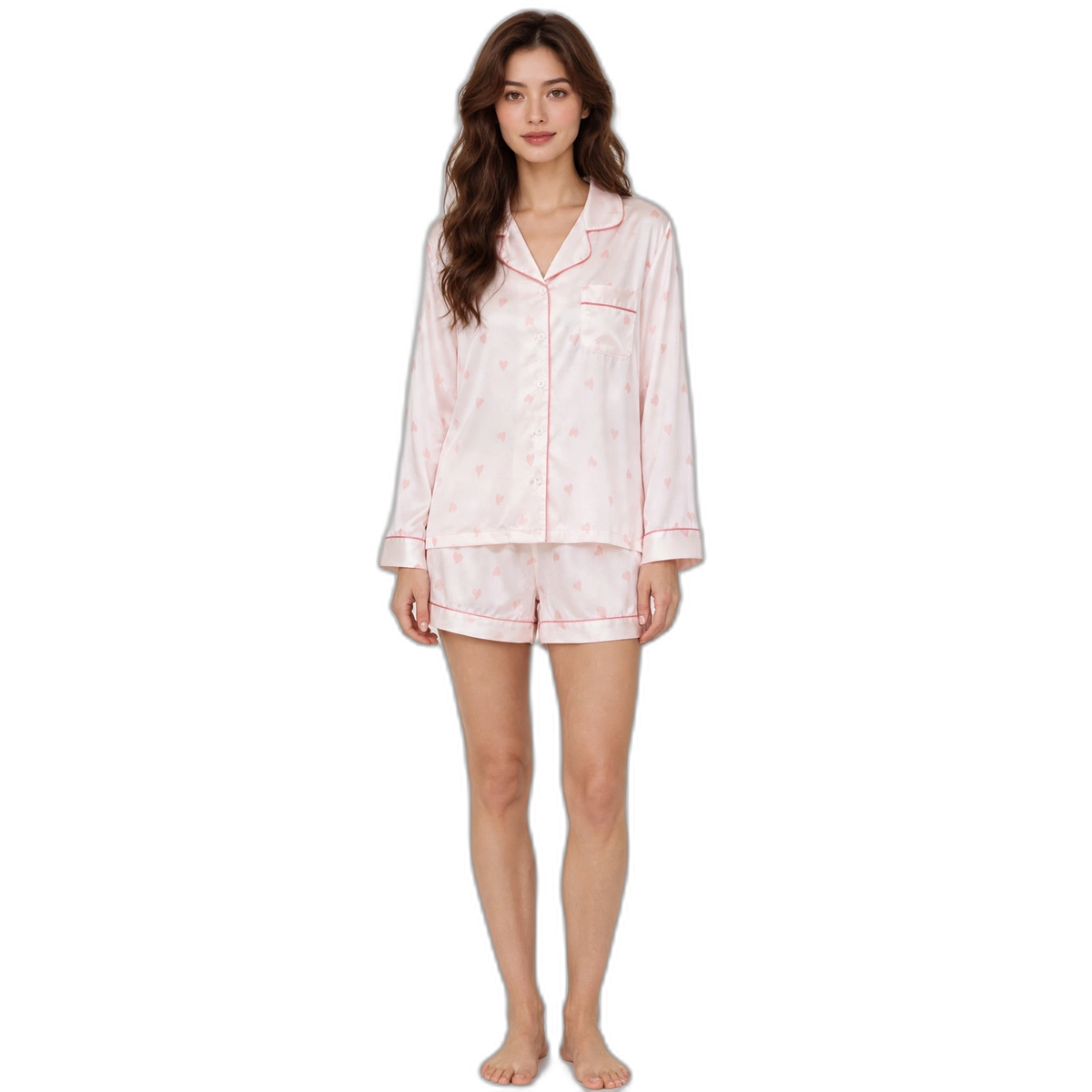 Women's Heart Print Long-Sleeve Silk Pyjama Set