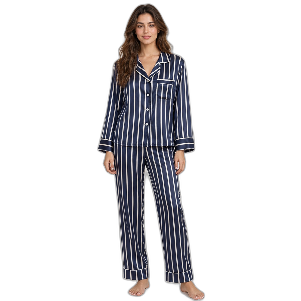 Blue & White Vertical Stripe Silk Pajama Set