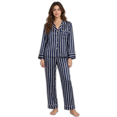 Blue & White Vertical Stripe Silk Pajama Set