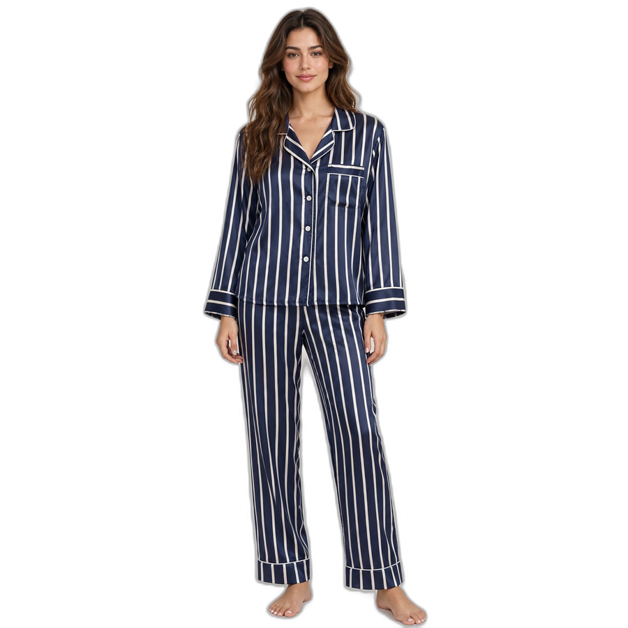 Blue & White Vertical Stripe Silk Pyjama Set