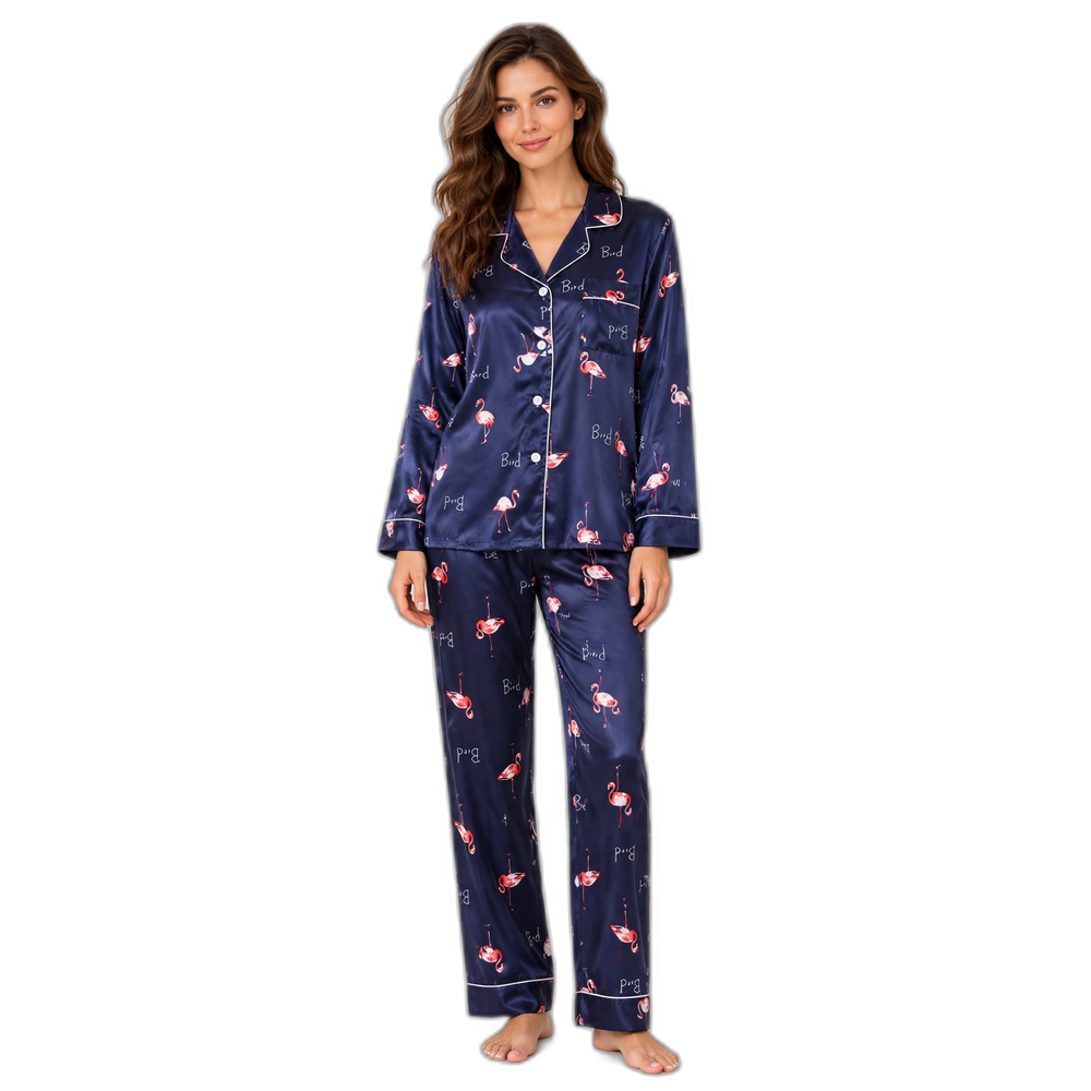 Navy Blue Flamingo Silk Pajama Set
