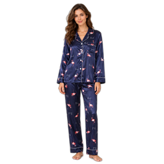 Navy Blue Flamingo Silk Pajama Set