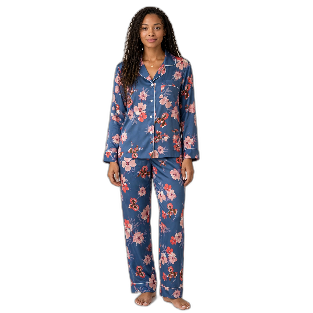 Blue & Pink Floral Silk Pajama Set
