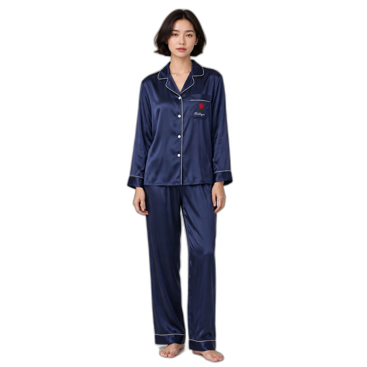 Navy Pocket Rose Silk Pajama Set