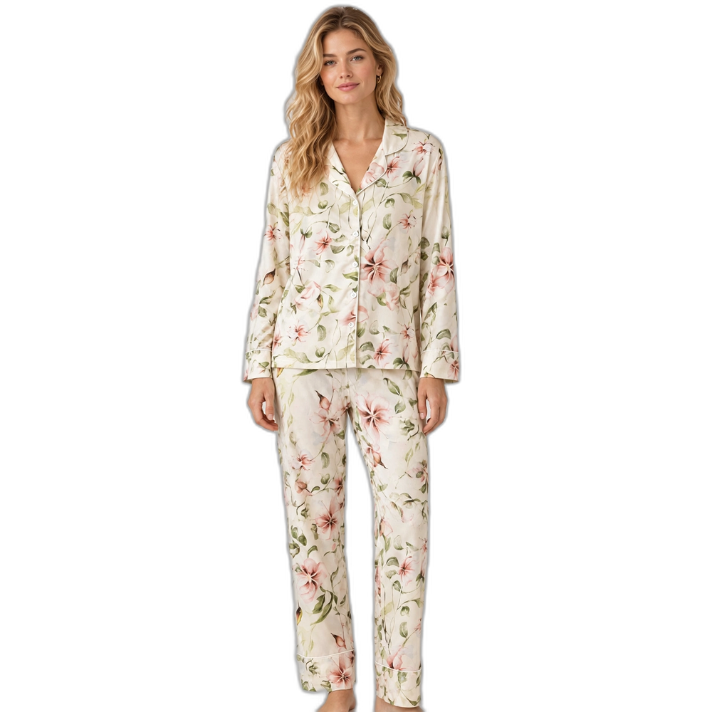 Pink Floral Off-White Pajama Set