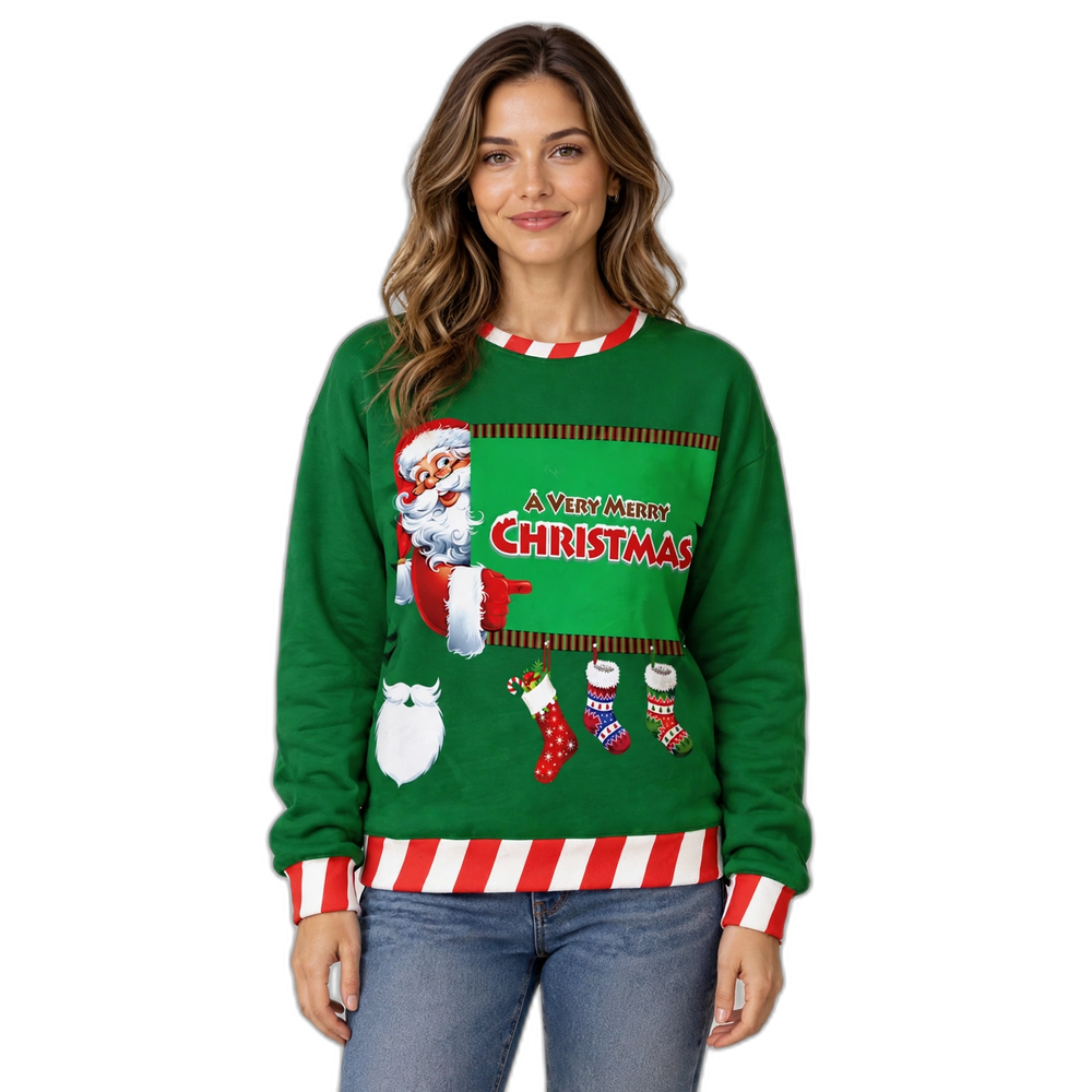 Women's Long-Sleeve Round-Collar Christmas Ugly Sweater