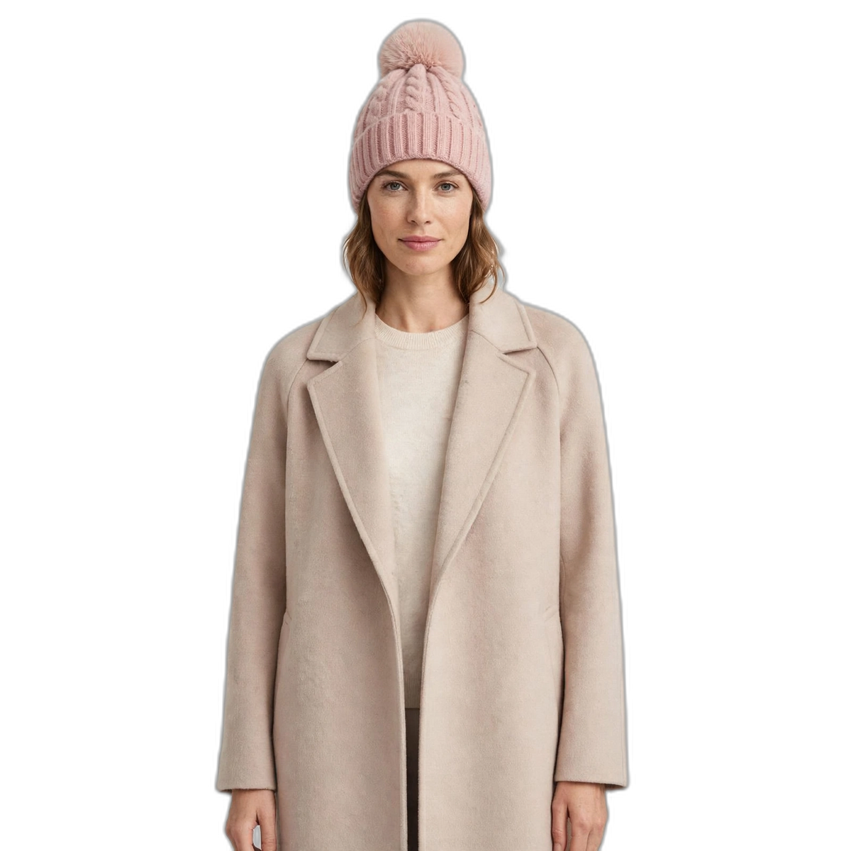 Women’s Braided Beanie with Removable Pom-Pom