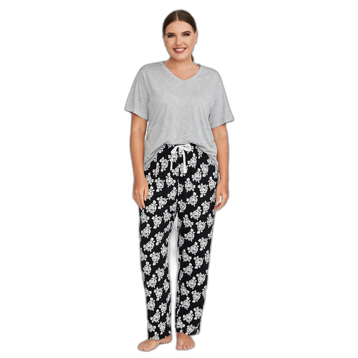 Rose Print Plus Size Pajama Set