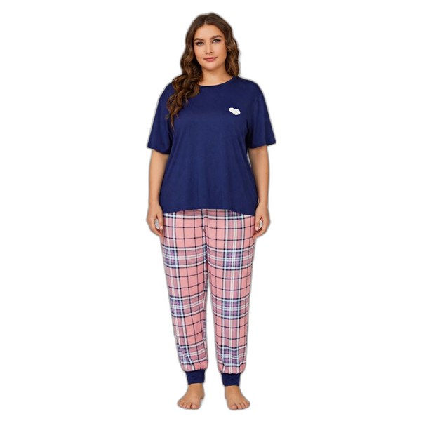 Blue Check Plus Size Pyjama Set