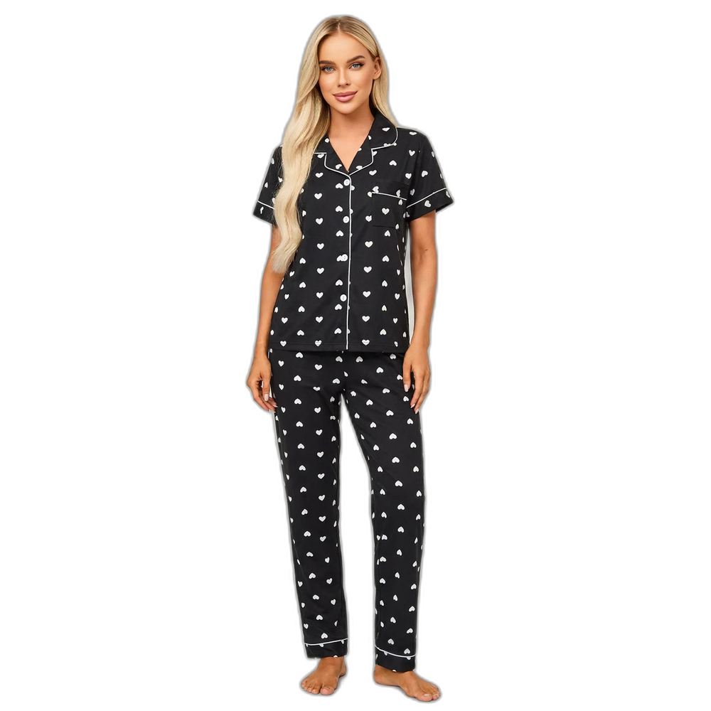 Women's Black Heart Cotton Pajama Set