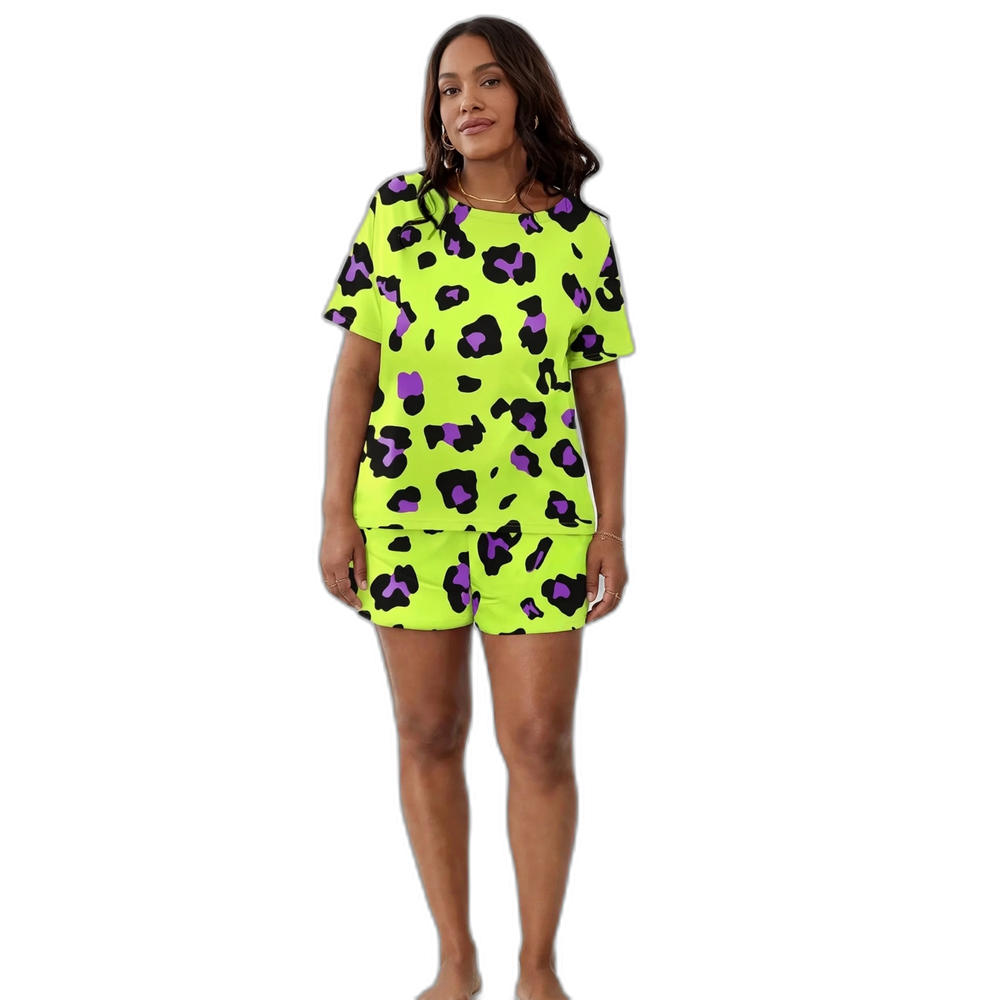 Women's Leopard Print Short-Sleeve Top & Shorts Set