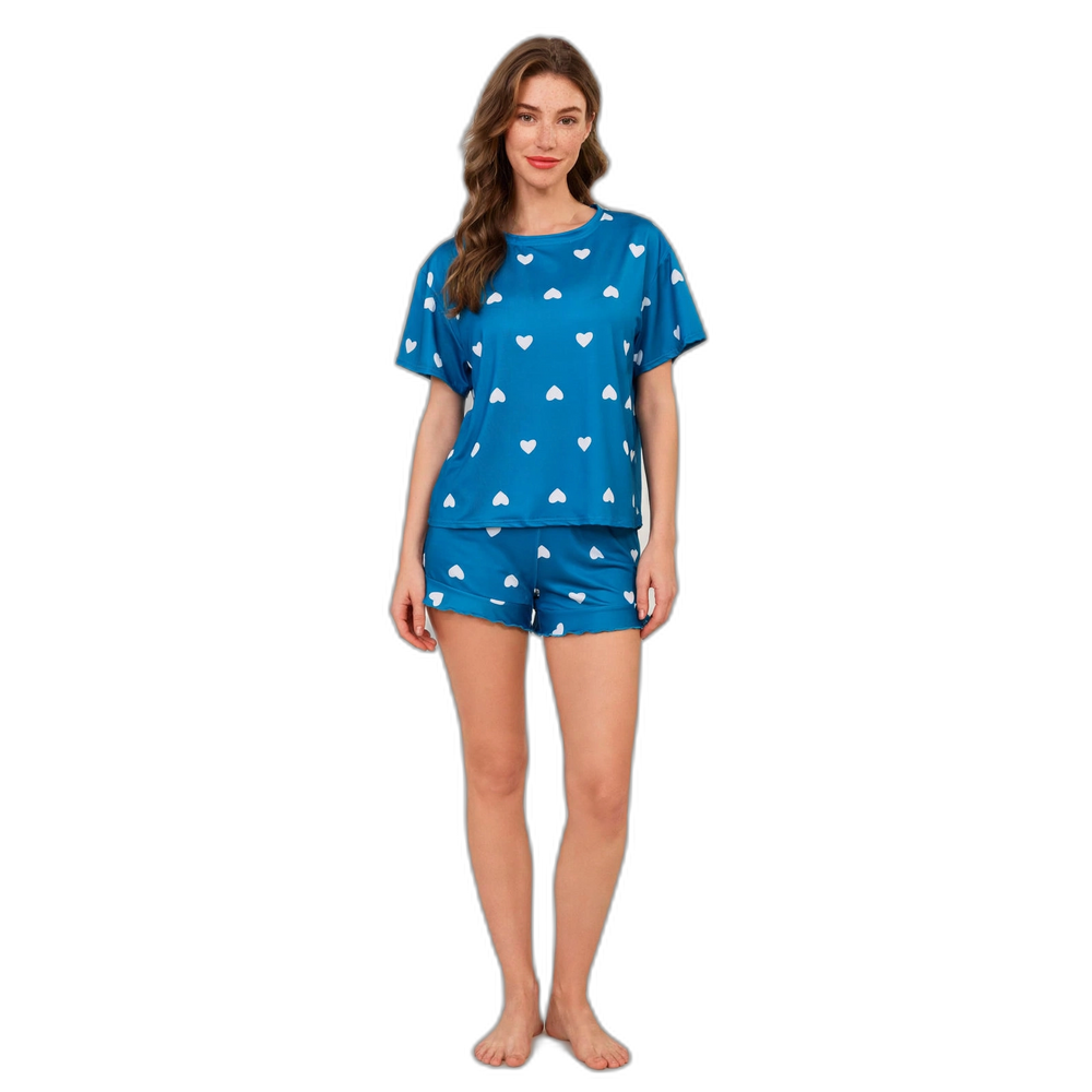 Women Heart Print Blue Shorts