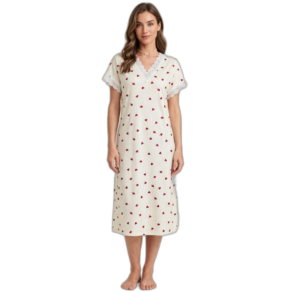 Women's V-Neck Heart Print Lace Cotton Loungewear