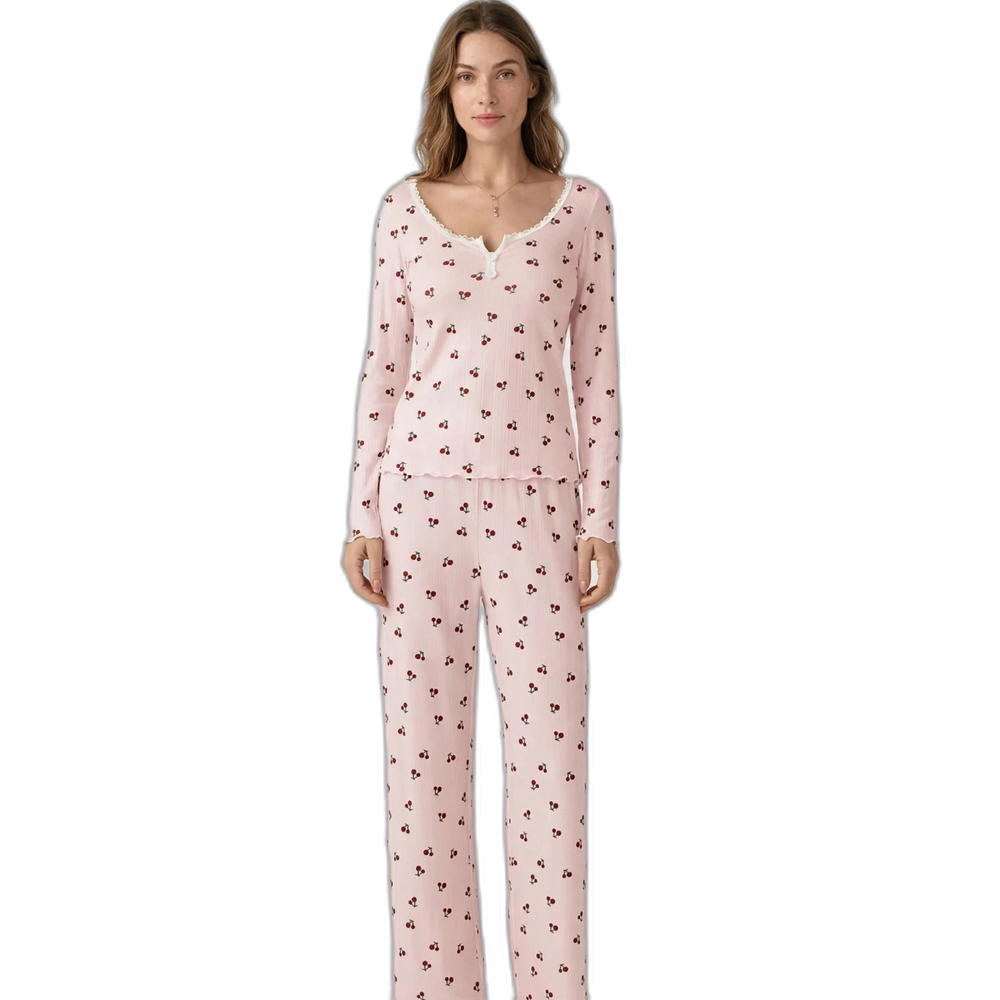 Women's Cherry V-Neck Stretch Pajama Set