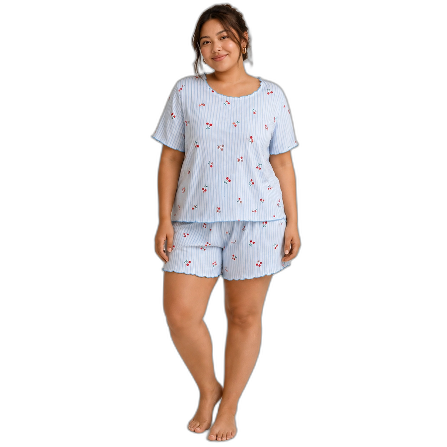 Blue Cherry Stripe Plus Size Ribbed Pyjama Shorts Set