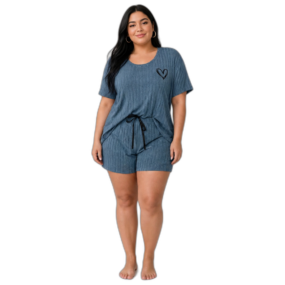 Minimal Heart Plus Size Ribbed Pajama Shorts Set – Dusty Blue