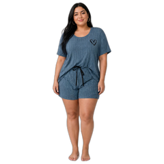 Minimal Heart Plus Size Ribbed Pajama Shorts Set – Dusty Blue