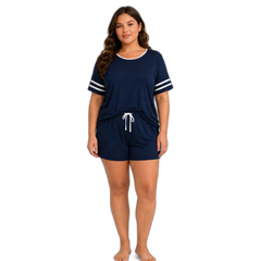 Cozy Breeze Plus Size Contrast Trim Pajama Shorts Set – Navy Blue